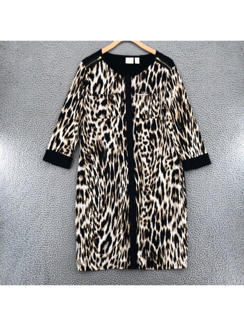 Chicos Dress Womens 0 US 4 Black Leopard Print Shirt 3/4 Sleeve Button Pockets
